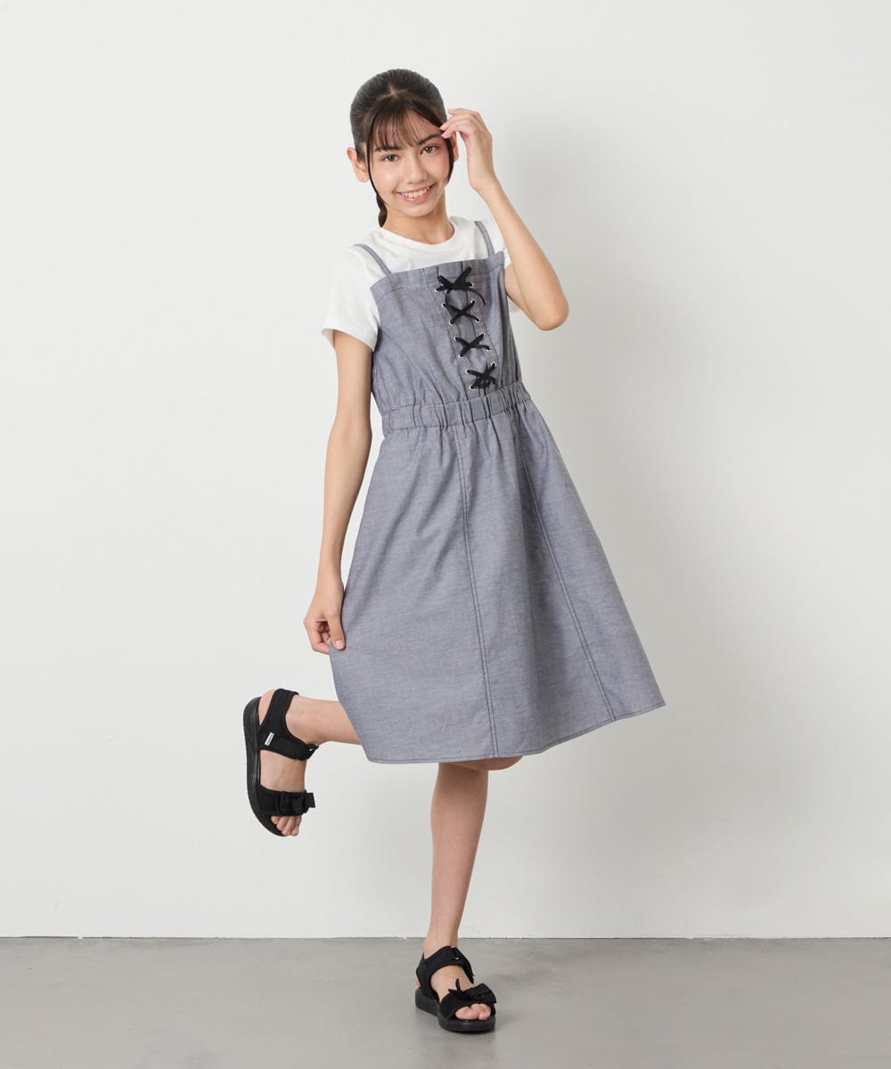 KJEHA22054 a.v.v KIDS(アー・ヴェ・ヴェ) [120-160]【接触冷感/ジメジメ対策】フロントレースアップドッキングワンピース ブラック