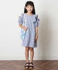 KJEHM02044 a.v.v KIDS(アー・ヴェ・ヴェ) [100-130]肩あきフリルチェック柄ワンピース ブルー