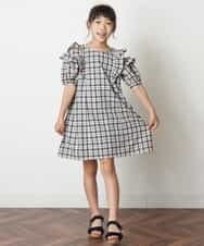 KJEHM02044 a.v.v KIDS(アー・ヴェ・ヴェ) [100-130]肩あきフリルチェック柄ワンピース ブラック