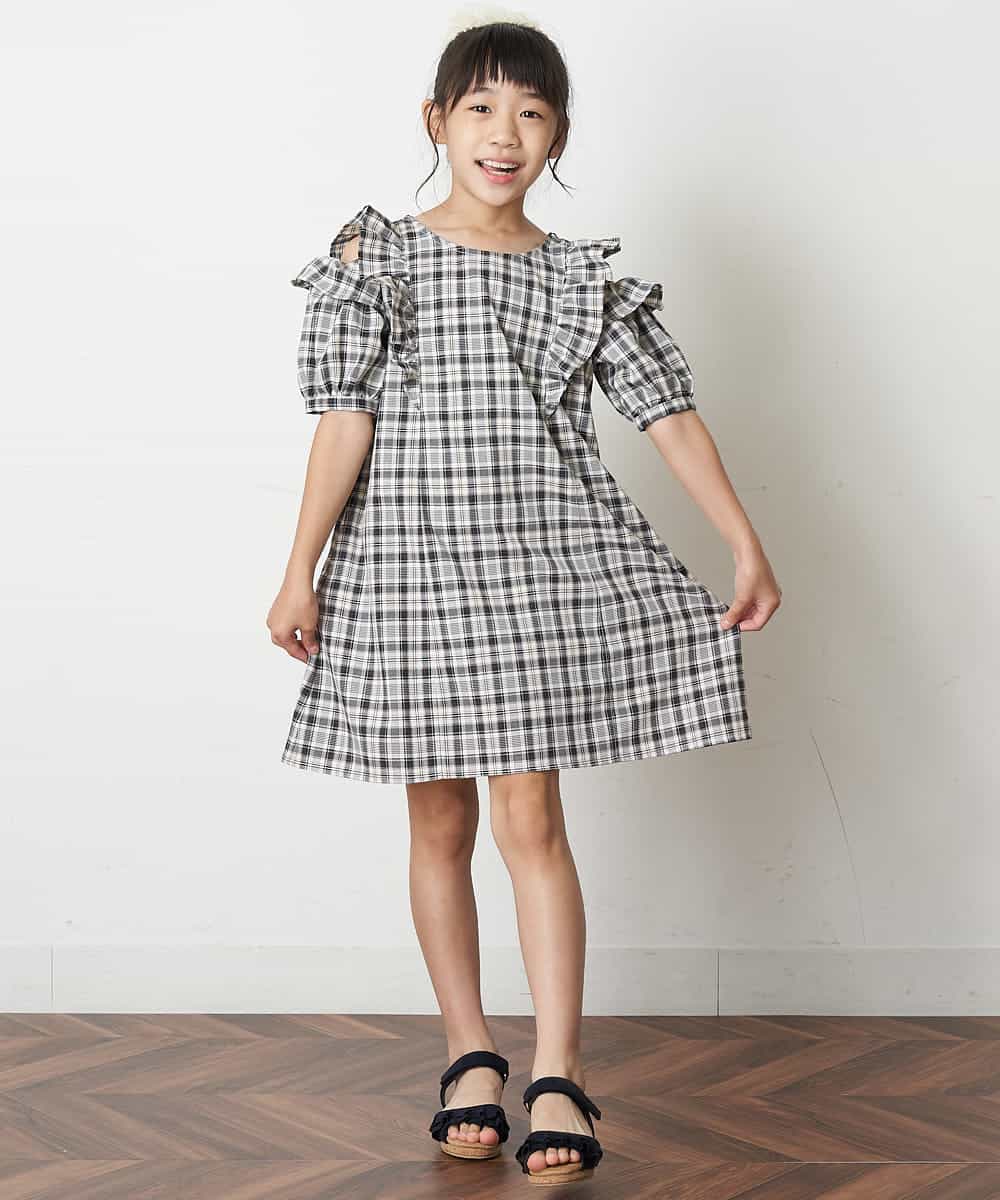 KJEHM02044 a.v.v KIDS(アー・ヴェ・ヴェ) [100-130]肩あきフリルチェック柄ワンピース ブラック