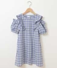 KJEHM02044 a.v.v KIDS(アー・ヴェ・ヴェ) [100-130]肩あきフリルチェック柄ワンピース ブルー