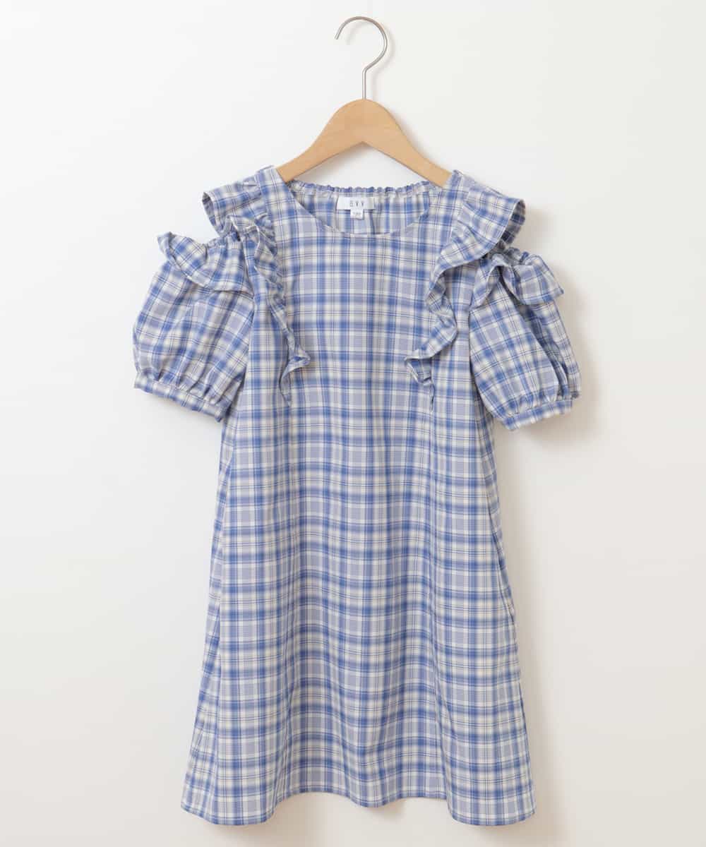 KJEHM02044 a.v.v KIDS(アー・ヴェ・ヴェ) [100-130]肩あきフリルチェック柄ワンピース ブルー