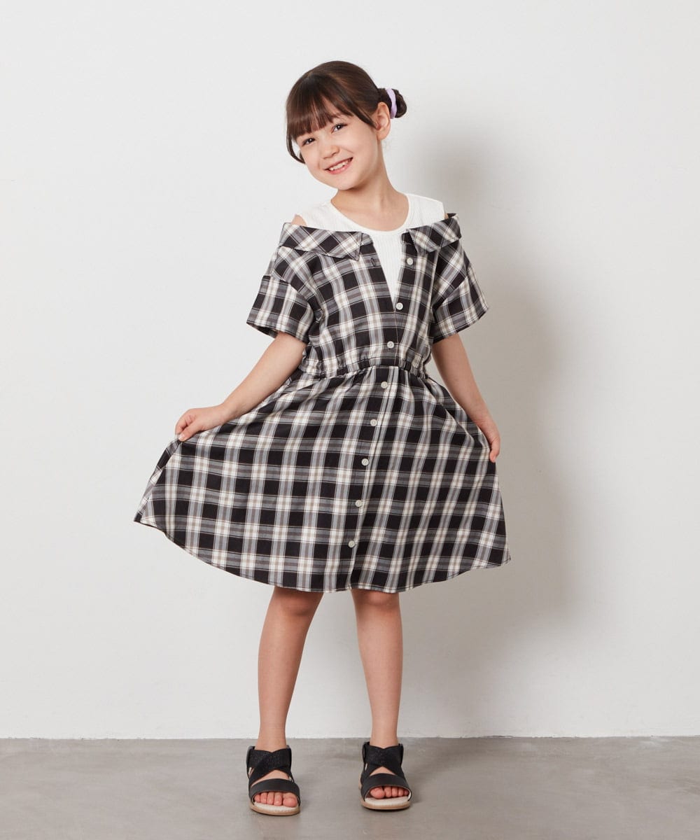 KJEHV20039 a.v.v KIDS(アー・ヴェ・ヴェ) [100-130]レイヤード風オフショルワンピース ブラック