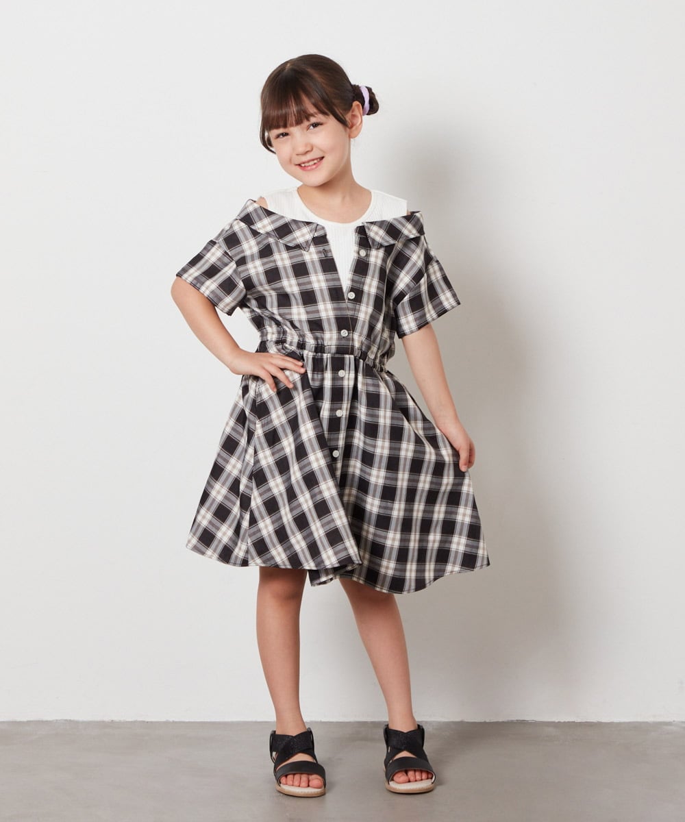 KJEHV20039 a.v.v KIDS(アー・ヴェ・ヴェ) [100-130]レイヤード風オフショルワンピース ブラック