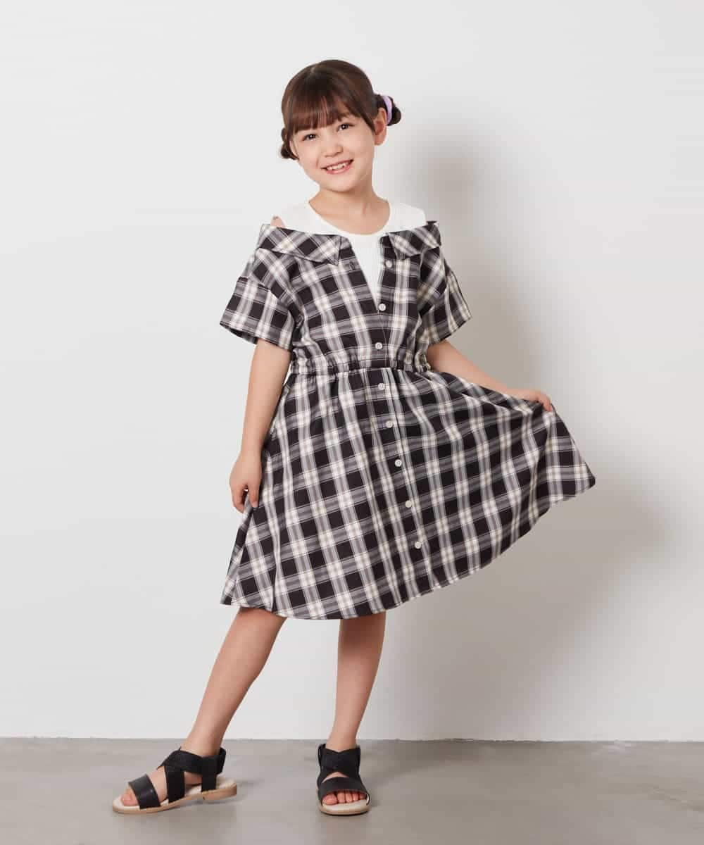 KJEHV20044 a.v.v KIDS(アー・ヴェ・ヴェ) [100-130]レイヤード風オフショルワンピース ブラック