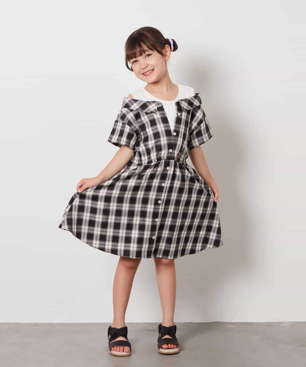 KJEHV20044 a.v.v KIDS(アー・ヴェ・ヴェ) [100-130]レイヤード風オフショルワンピース ブラック