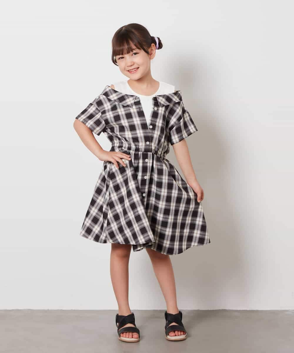 KJEHV20044 a.v.v KIDS(アー・ヴェ・ヴェ) [100-130]レイヤード風オフショルワンピース ブラック