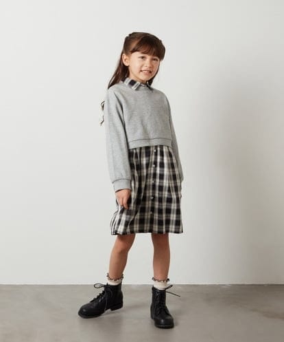 KJEKS40049 a.v.v KIDS [100-130]【2点セット】チェックシャツワンピ＆ショートプルオーバー