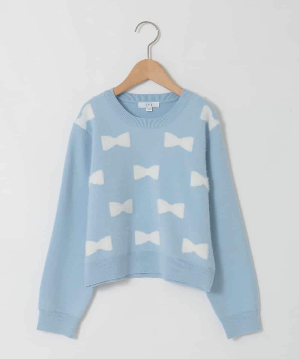 KJFAD01039 a.v.v KIDS(アー・ヴェ・ヴェ) [120-160]【クロップド丈】もっちりリボンジャガードニット ライトブルー