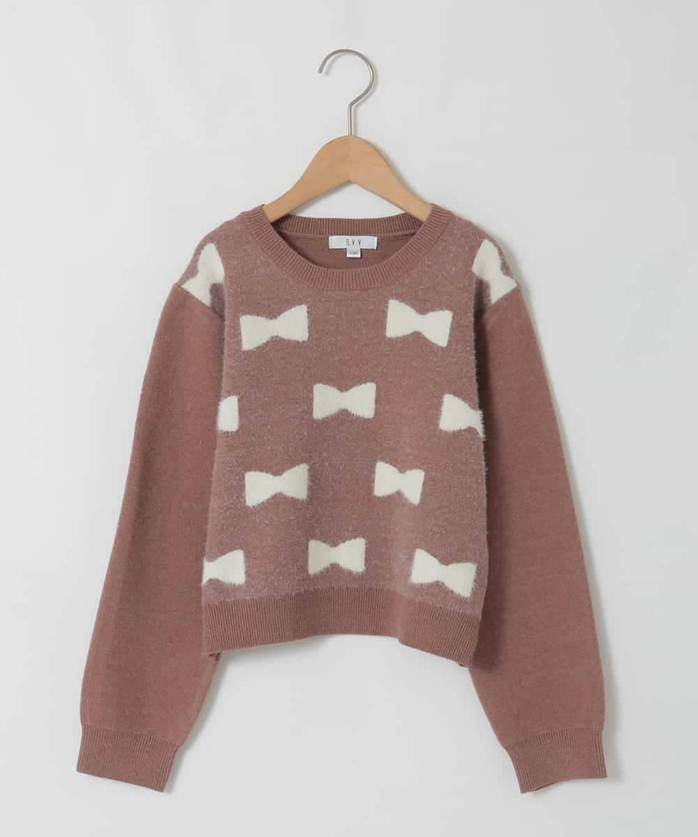 KJFAD01039 a.v.v KIDS(アー・ヴェ・ヴェ) [120-160]【クロップド丈】もっちりリボンジャガードニット ブラウン