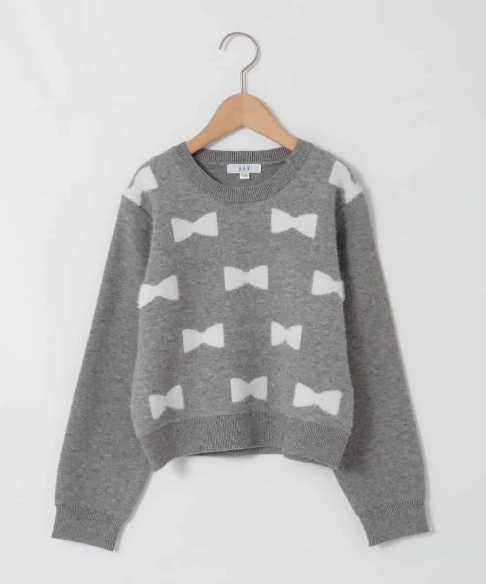 KJFAD01039 a.v.v KIDS(アー・ヴェ・ヴェ) [120-160]【クロップド丈】もっちりリボンジャガードニット ライトグレー