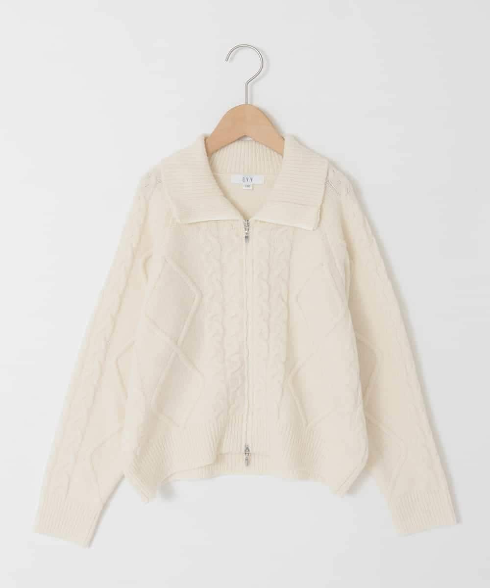 KJFAD02049 a.v.v KIDS(アー・ヴェ・ヴェ) [130-160]【ダブルジップ/クロップド丈】ジップアップケーブルニット アイボリー