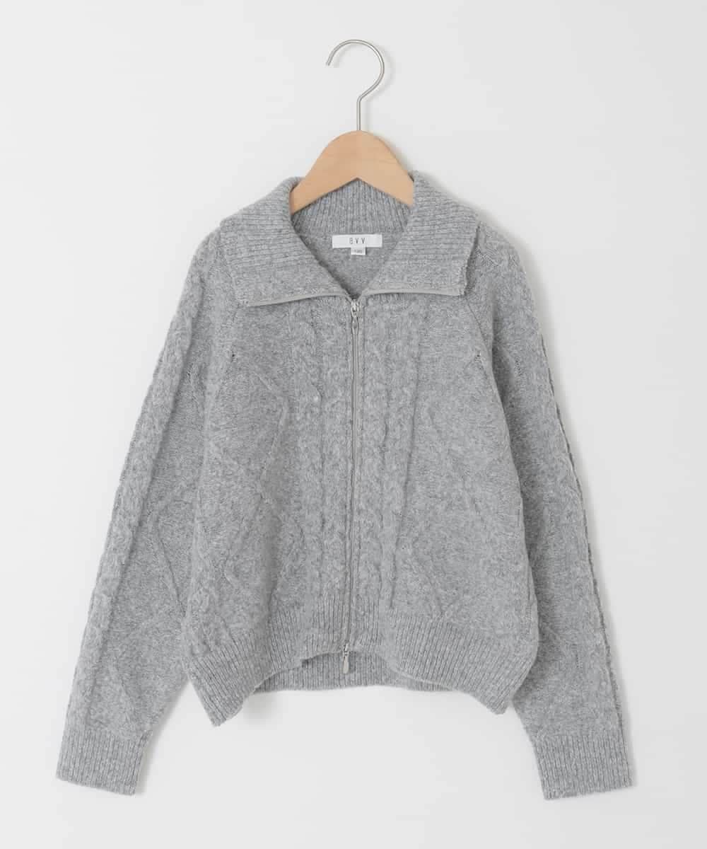 KJFAD02049 a.v.v KIDS(アー・ヴェ・ヴェ) [130-160]【ダブルジップ/クロップド丈】ジップアップケーブルニット ライトグレー