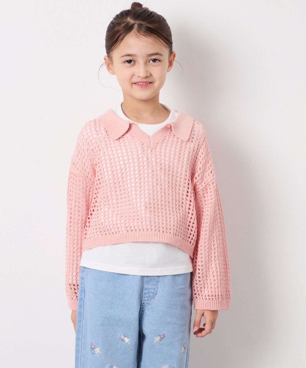 KJFED30044 a.v.v KIDS(アー・ヴェ・ヴェ) [120-160][セット]襟付きメッシュニットレイヤードトップス コーラルピンク
