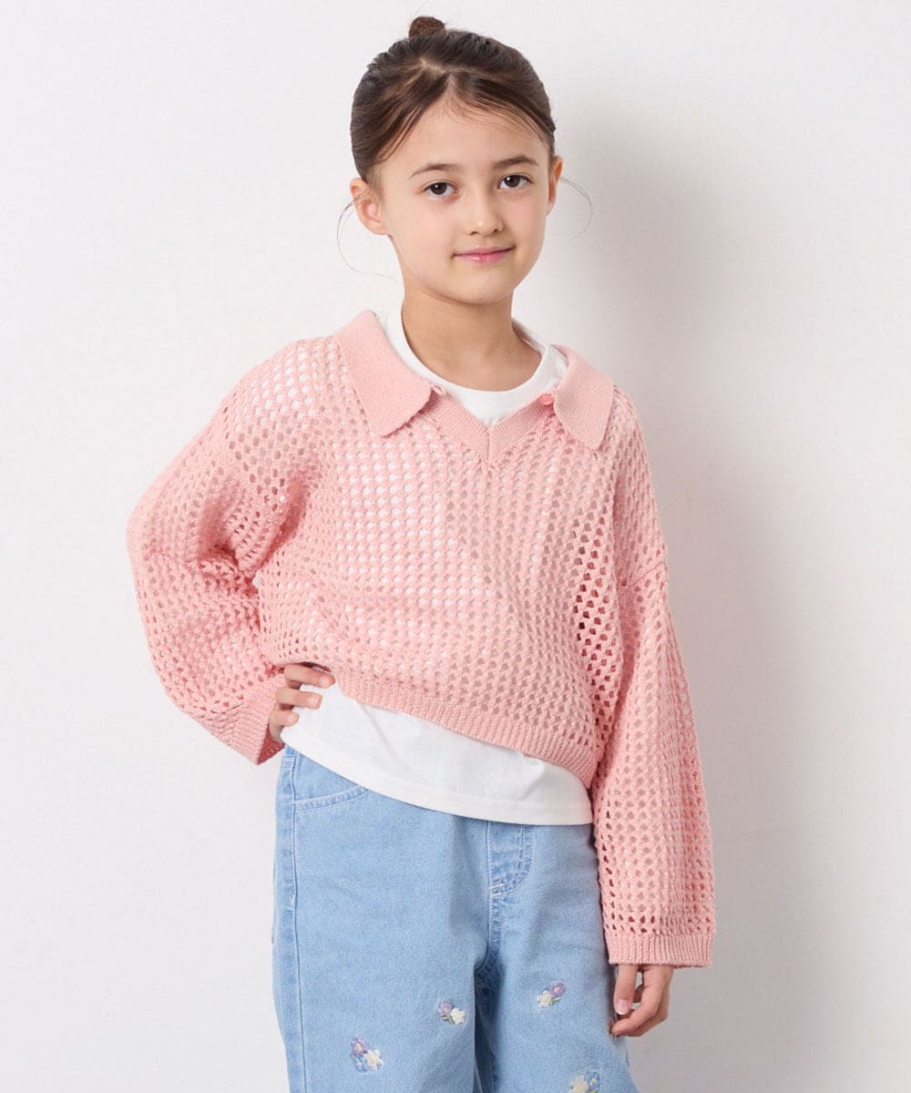 KJFED30044 a.v.v KIDS(アー・ヴェ・ヴェ) [120-160][セット]襟付きメッシュニットレイヤードトップス コーラルピンク