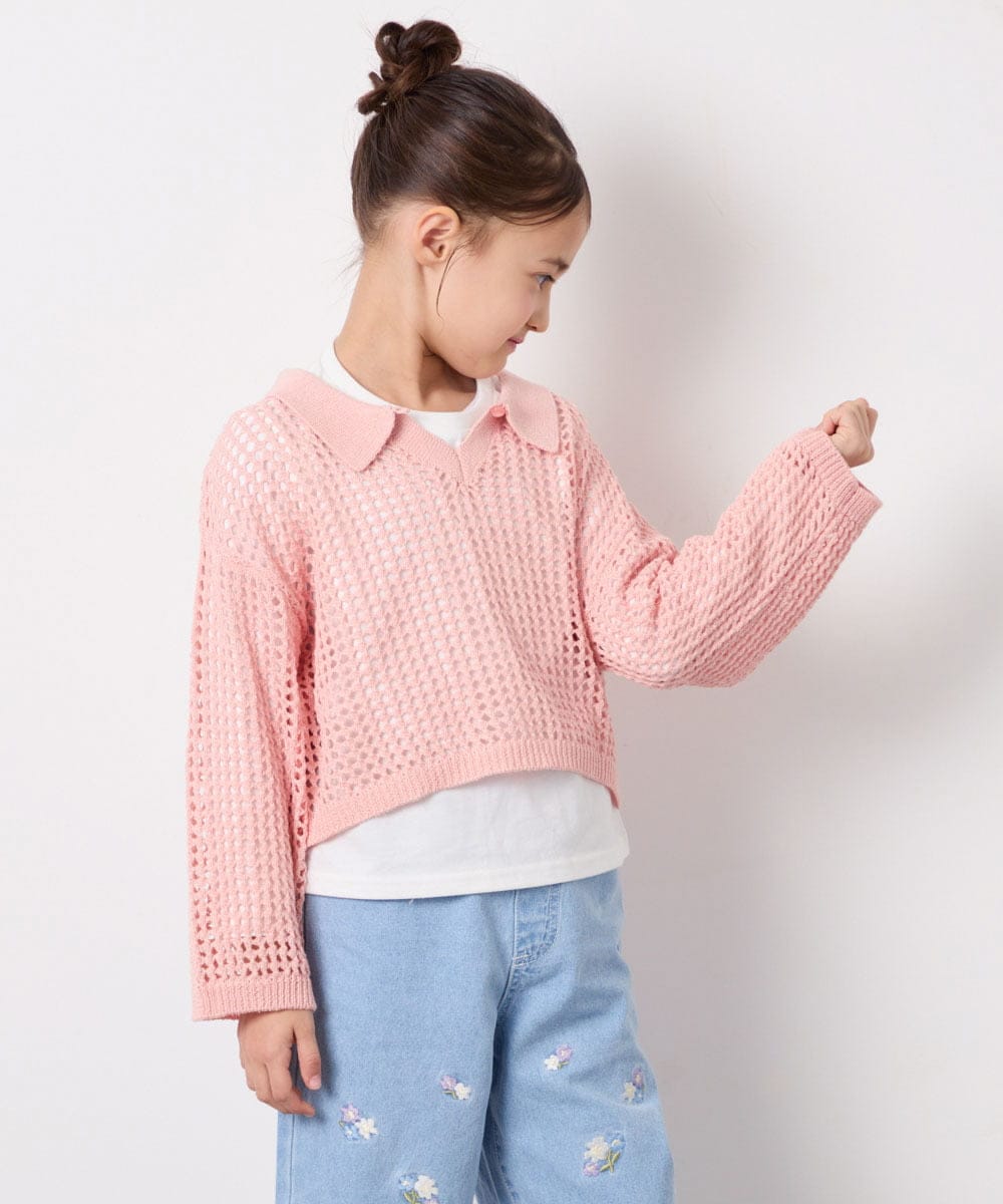 KJFED30044 a.v.v KIDS(アー・ヴェ・ヴェ) [120-160][セット]襟付きメッシュニットレイヤードトップス コーラルピンク