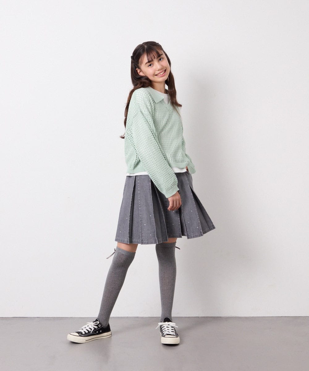 KJFED30044 a.v.v KIDS(アー・ヴェ・ヴェ) [120-160][セット]襟付きメッシュニットレイヤードトップス グリーン