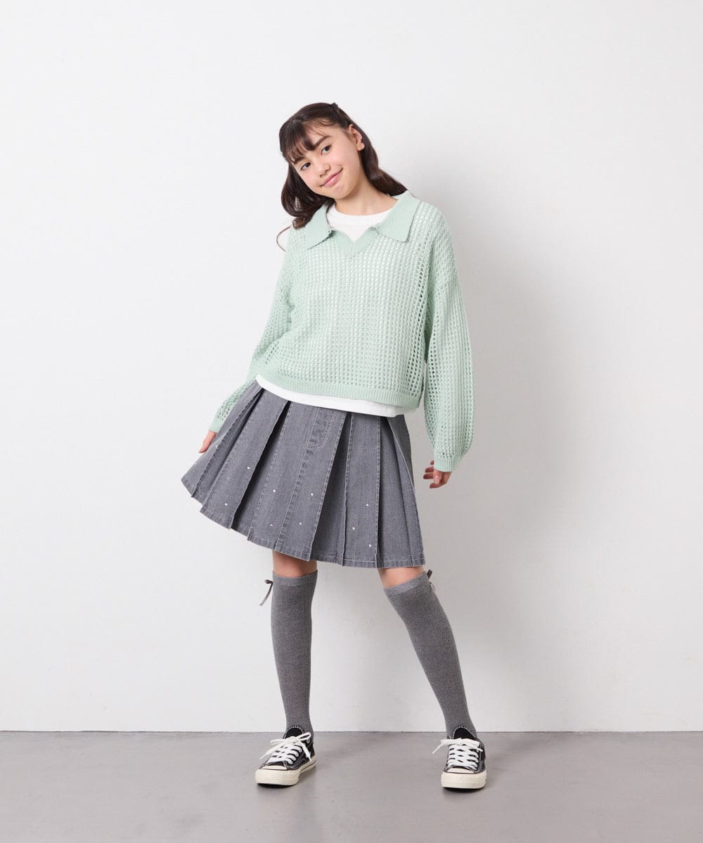 KJFED30044 a.v.v KIDS(アー・ヴェ・ヴェ) [120-160][セット]襟付きメッシュニットレイヤードトップス グリーン