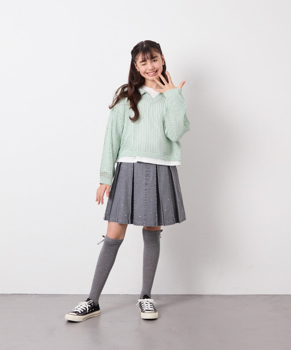 KJFED30044 a.v.v KIDS(アー・ヴェ・ヴェ) [120-160][セット]襟付きメッシュニットレイヤードトップス グリーン