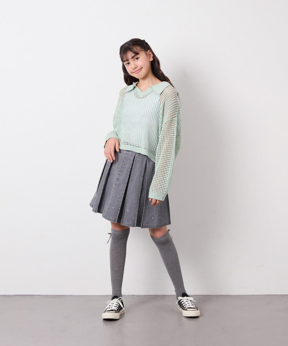 KJFED30044 a.v.v KIDS(アー・ヴェ・ヴェ) [120-160][セット]襟付きメッシュニットレイヤードトップス グリーン