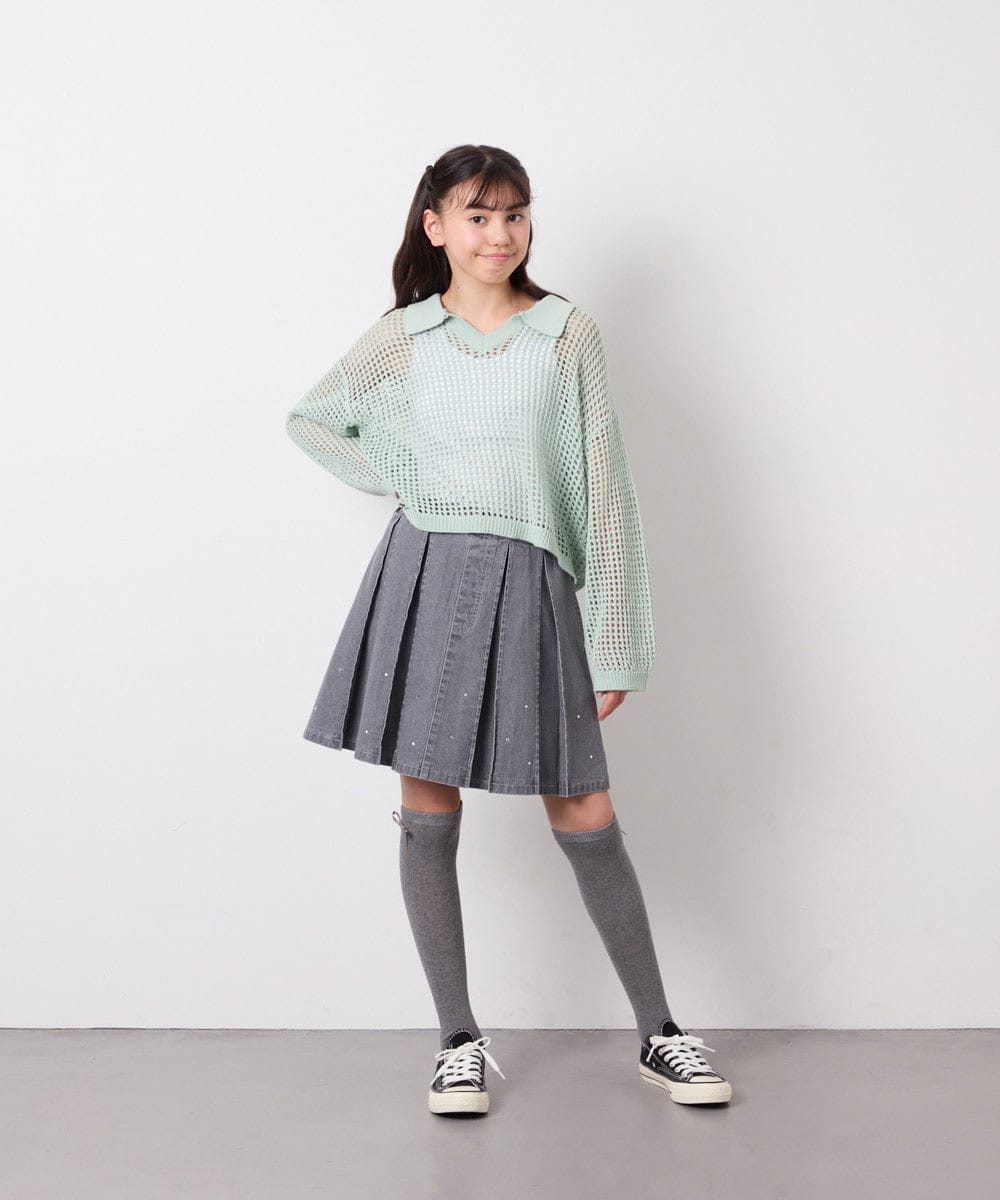 KJFED30044 a.v.v KIDS(アー・ヴェ・ヴェ) [120-160][セット]襟付きメッシュニットレイヤードトップス グリーン