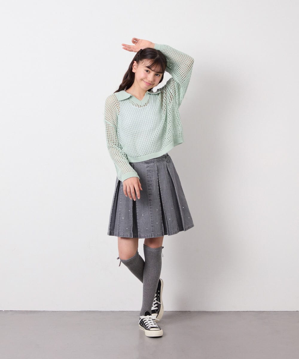 KJFED30044 a.v.v KIDS(アー・ヴェ・ヴェ) [120-160][セット]襟付きメッシュニットレイヤードトップス グリーン