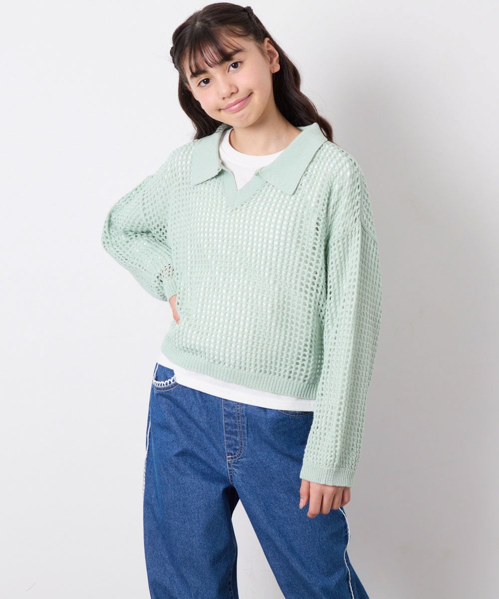 KJFED30044 a.v.v KIDS(アー・ヴェ・ヴェ) [120-160][セット]襟付きメッシュニットレイヤードトップス グリーン