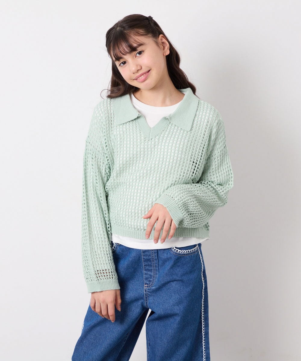 KJFED30044 a.v.v KIDS(アー・ヴェ・ヴェ) [120-160][セット]襟付きメッシュニットレイヤードトップス グリーン