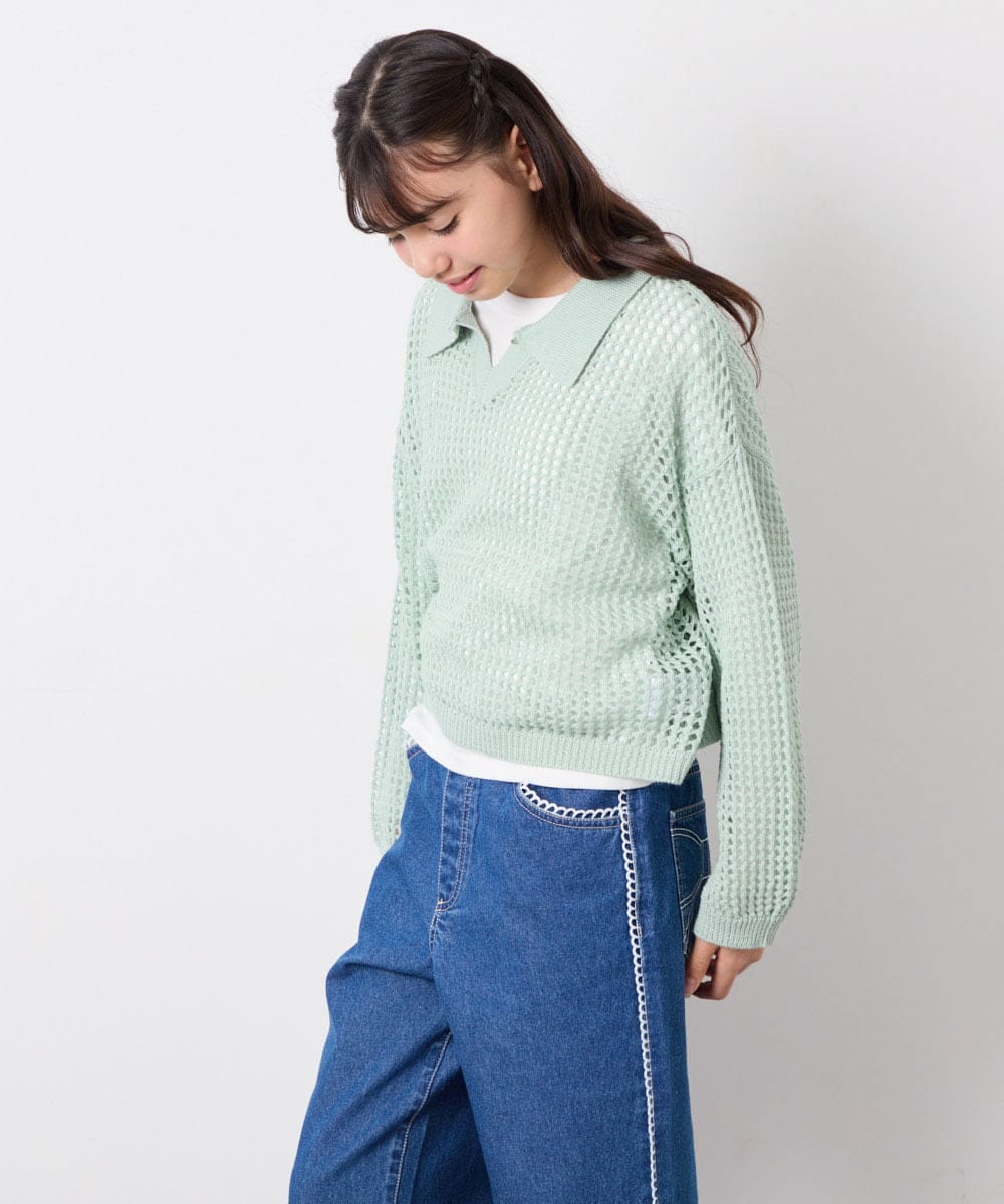 KJFED30044 a.v.v KIDS(アー・ヴェ・ヴェ) [120-160][セット]襟付きメッシュニットレイヤードトップス グリーン