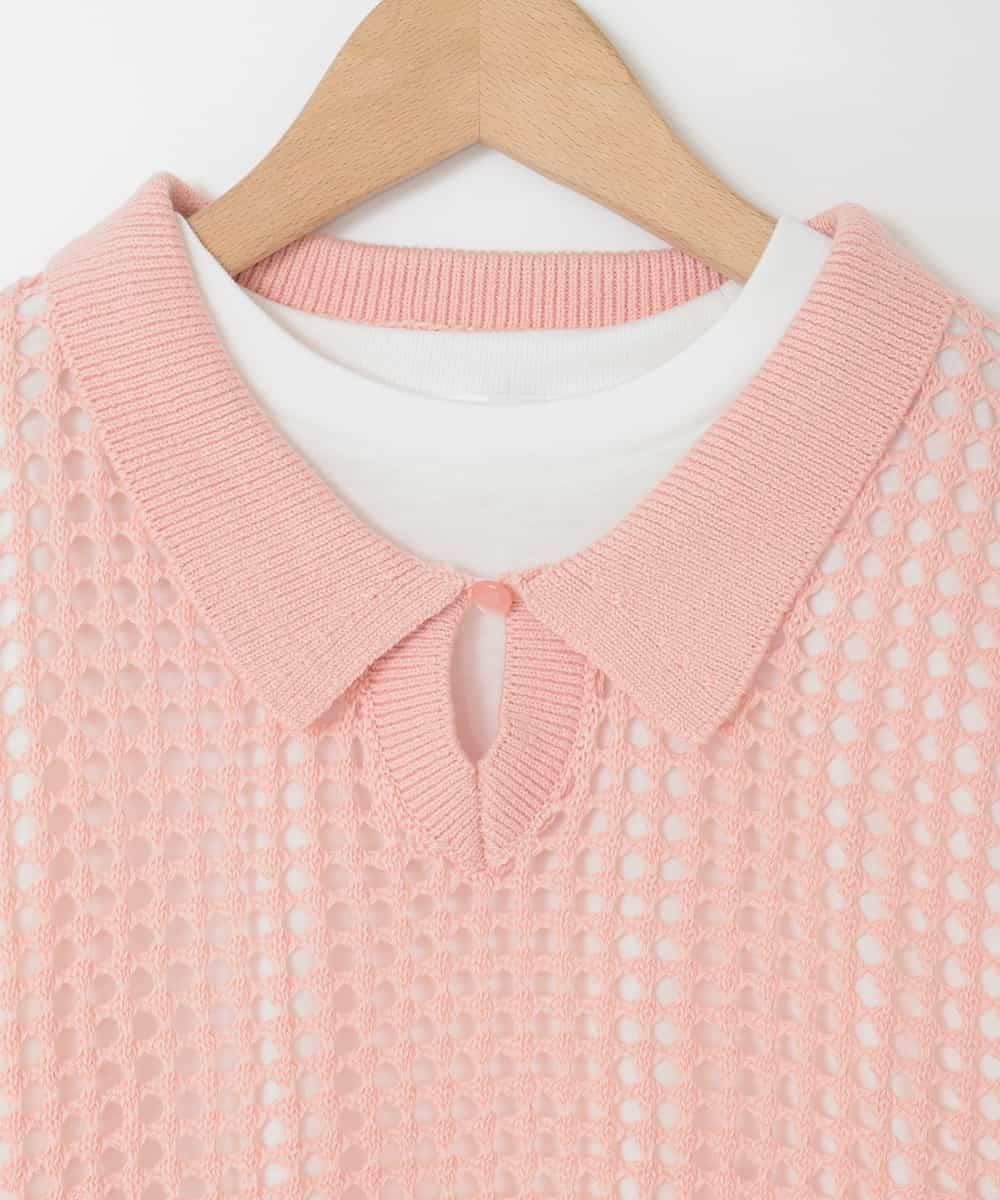 KJFED30044 a.v.v KIDS(アー・ヴェ・ヴェ) [120-160][ママとお揃いコーデが叶う]襟付きメッシュニットレイヤードトップス コーラルピンク