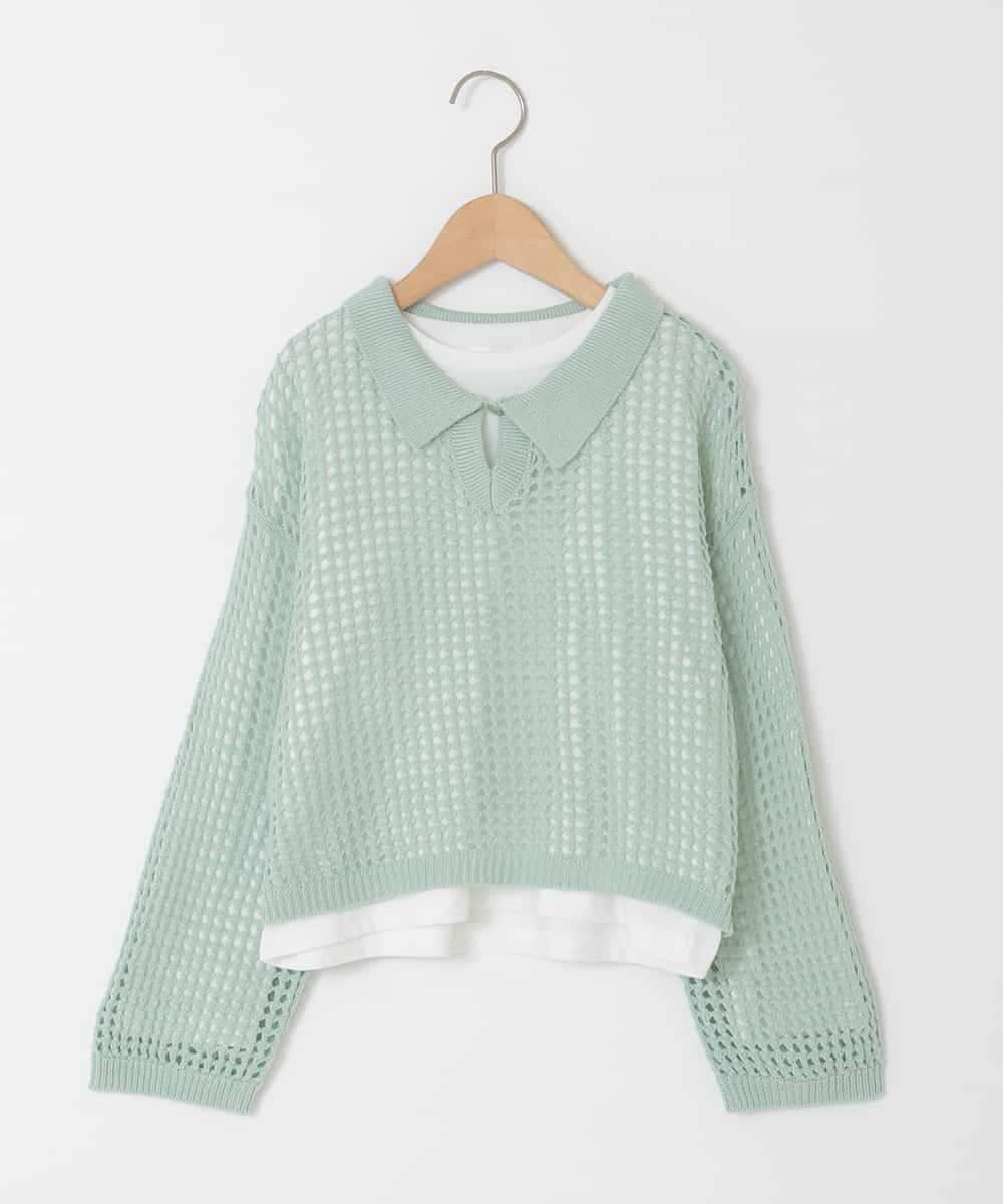 KJFED30044 a.v.v KIDS(アー・ヴェ・ヴェ) [120-160][ママとお揃いコーデが叶う]襟付きメッシュニットレイヤードトップス グリーン