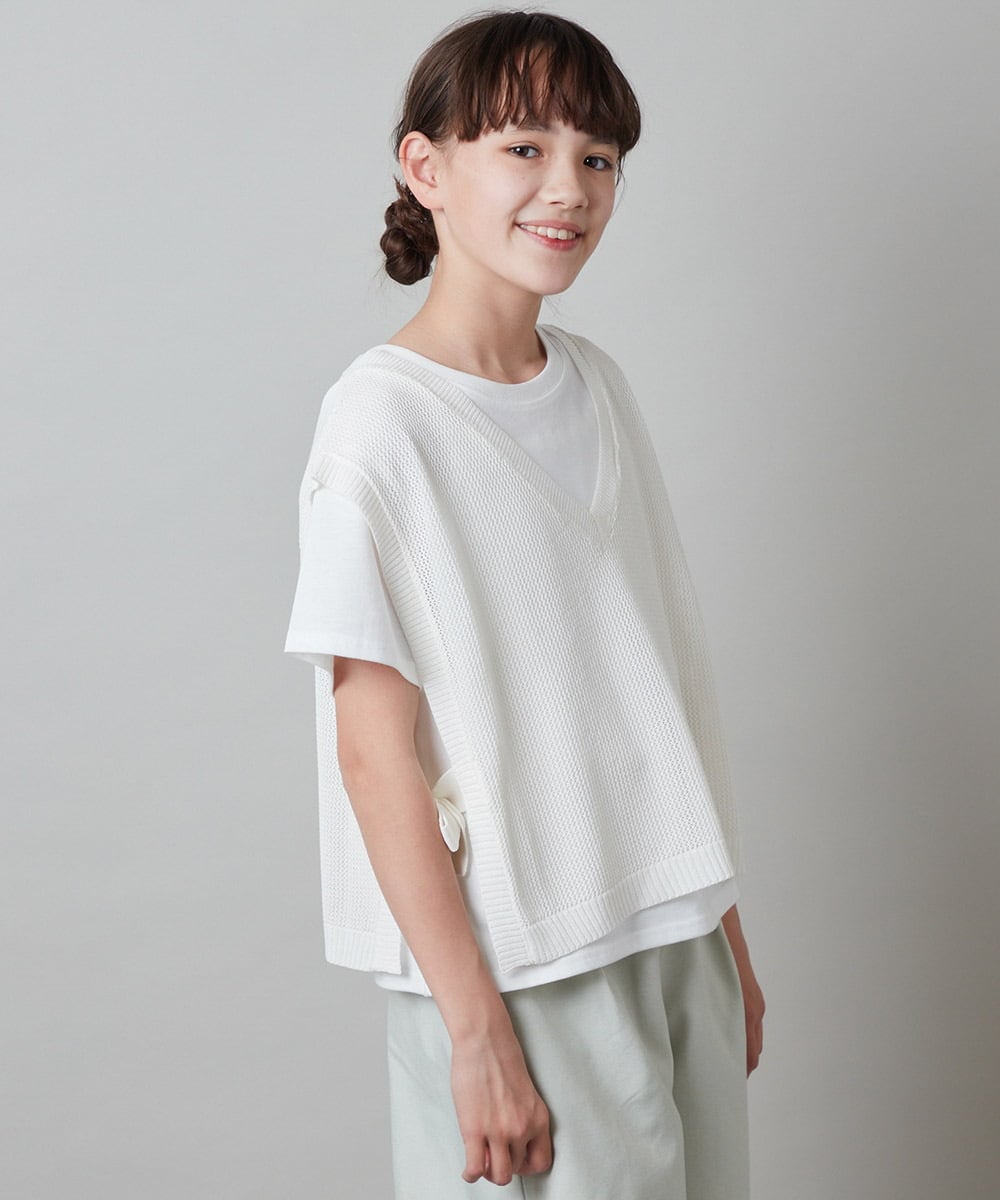 140-150]【2点セット】サイドリボンメッシュニットベストセット(カットソー・Tシャツ)  KIDS(アー・ヴェ・ヴェ)｜イトキンオンラインストア