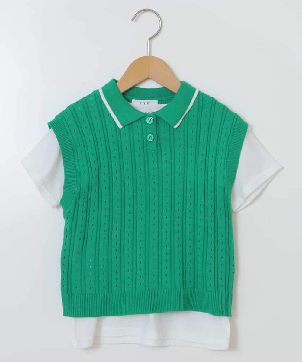 KJFFT41044 a.v.v KIDS(アー・ヴェ・ヴェ) [140-150]【2点セット】アイレット柄襟付きニットベストセット グリーン