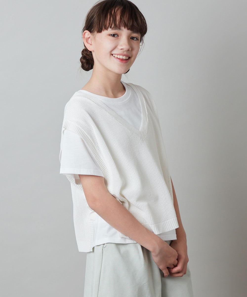 160]【2点セット】サイドリボンメッシュニットベストセット(カットソー