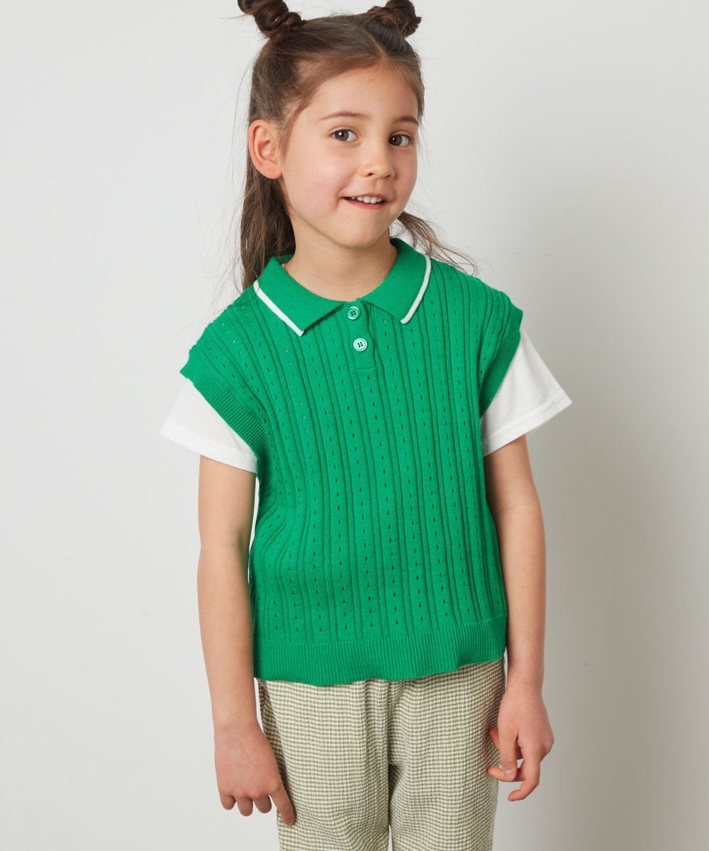 KJFFU41049 a.v.v KIDS(アー・ヴェ・ヴェ) [160]【2点セット】アイレット柄襟付きニットベストセット グリーン