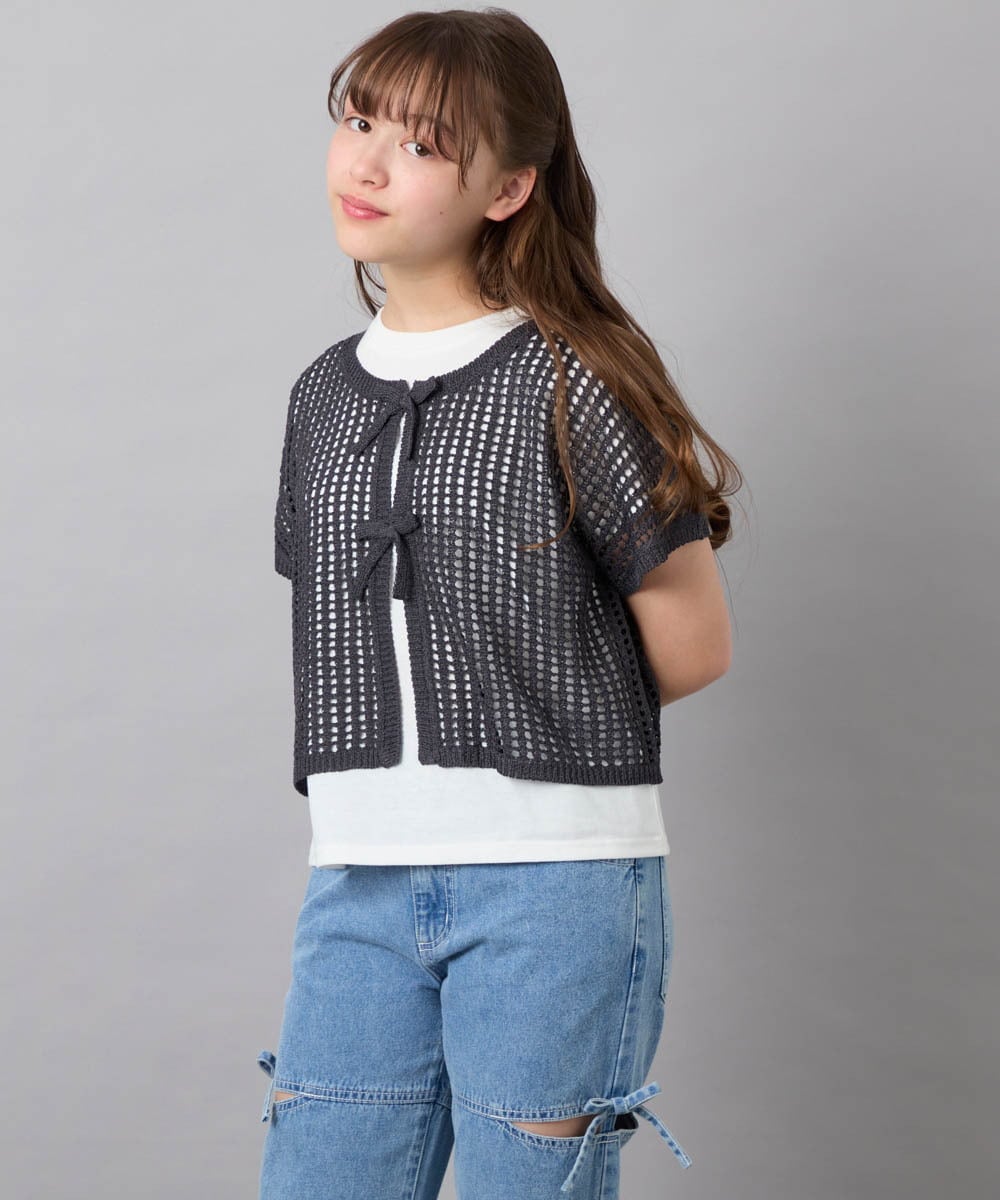 KJFGD55049 a.v.v KIDS(アー・ヴェ・ヴェ) [120-160][SET][ママとお揃いコーデが叶う]メッシュニットレイヤードトップス ダークグレー