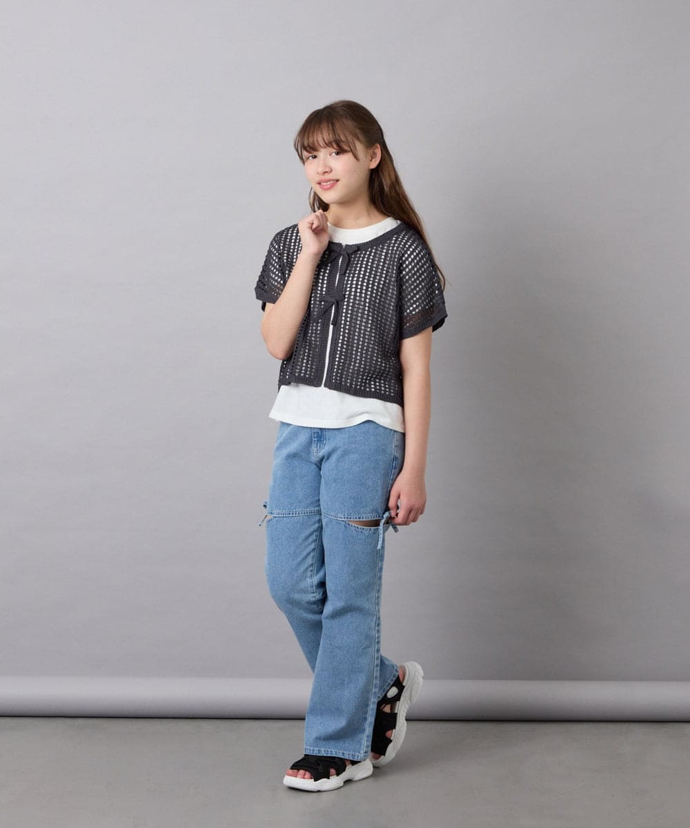 KJFGD55049 a.v.v KIDS(アー・ヴェ・ヴェ) [120-160][SET][ママとお揃いコーデが叶う]メッシュニットレイヤードトップス ダークグレー