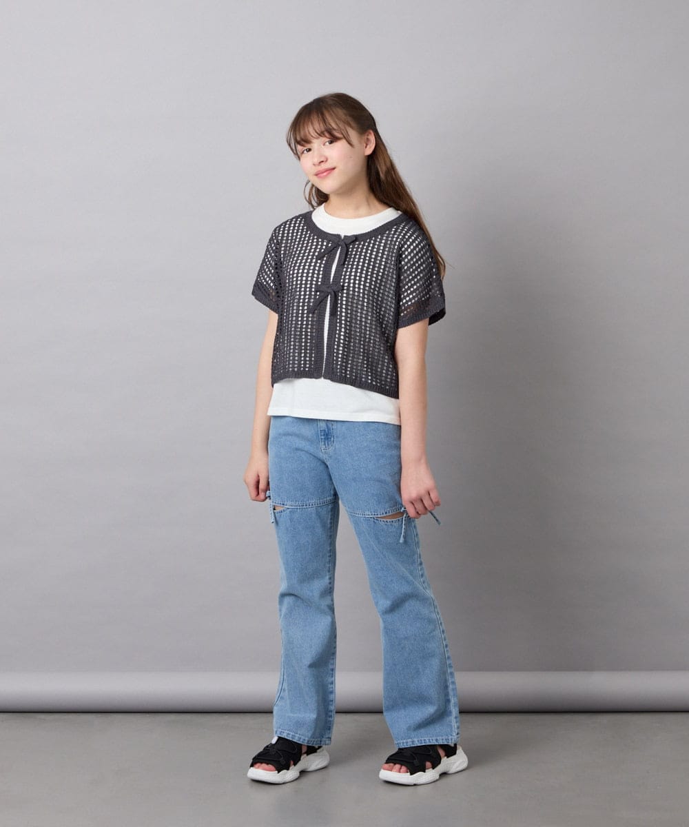 KJFGD55049 a.v.v KIDS(アー・ヴェ・ヴェ) [120-160][SET][ママとお揃いコーデが叶う]メッシュニットレイヤードトップス ダークグレー