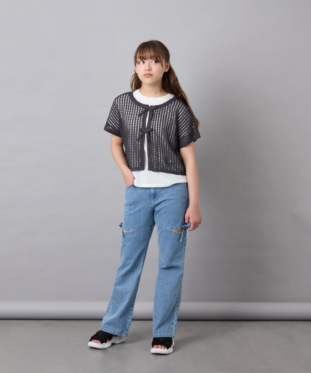 KJFGD55049 a.v.v KIDS(アー・ヴェ・ヴェ) [120-160][SET][ママとお揃いコーデが叶う]メッシュニットレイヤードトップス ダークグレー