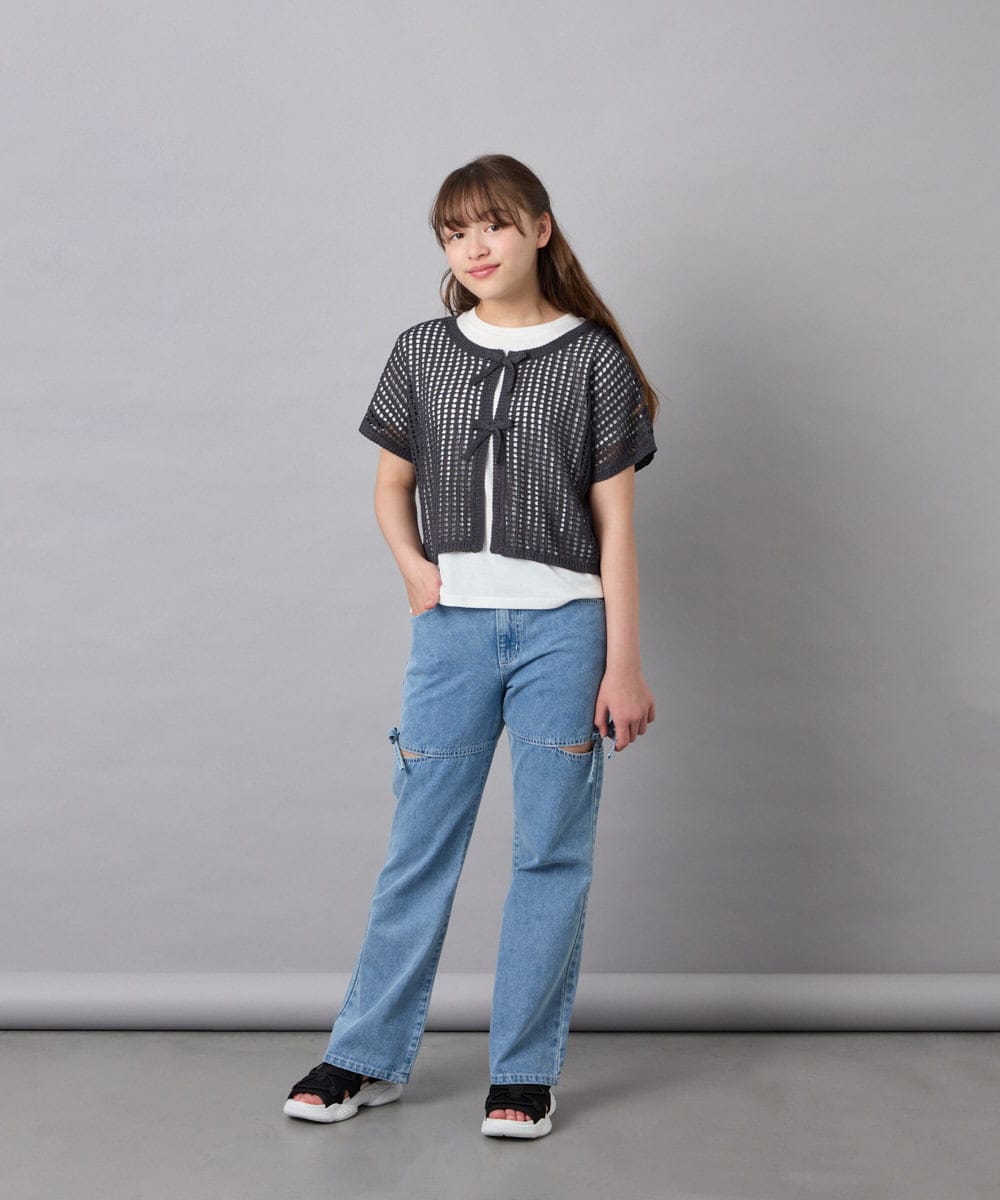 KJFGD55049 a.v.v KIDS(アー・ヴェ・ヴェ) [120-160][SET][ママとお揃いコーデが叶う]メッシュニットレイヤードトップス ダークグレー