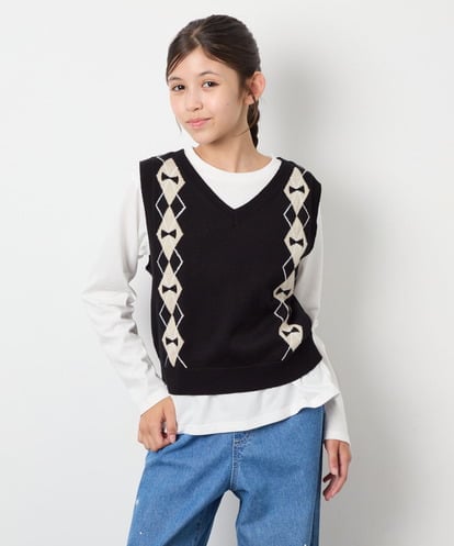 KJFJD02044  [130-160]【洗える】アーガイルニットベストセット