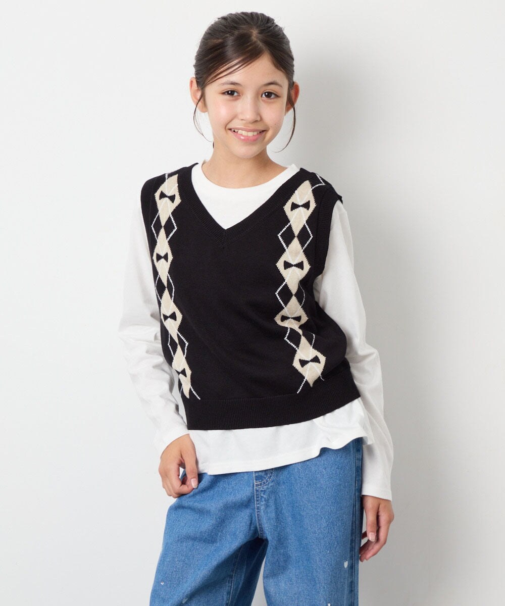 KJFJD02044 a.v.v KIDS(アー・ヴェ・ヴェ) [130-160]【洗える】アーガイルニットベストセット ブラック