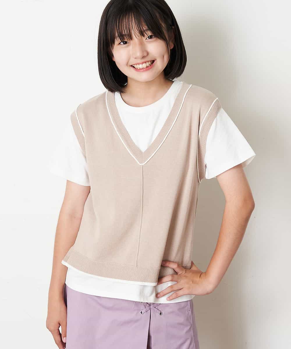 KJFJM20034 a.v.v KIDS(アー・ヴェ・ヴェ) [100-130]【2点SET】Tシャツ&配色ニットベストセット ラベンダー