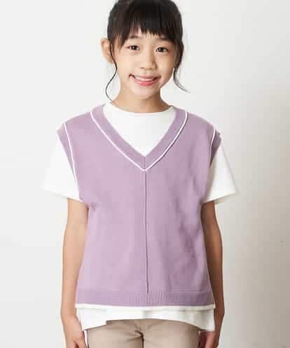 KJFJM20034  [100-130]【2点SET】Tシャツ&配色ニットベストセット