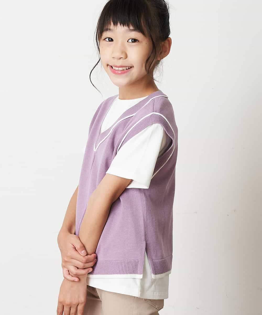 KJFJM20034 a.v.v KIDS(アー・ヴェ・ヴェ) [100-130]【2点SET】Tシャツ&配色ニットベストセット ラベンダー