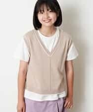 KJFJM20034 a.v.v KIDS(アー・ヴェ・ヴェ) [100-130]【2点SET】Tシャツ&配色ニットベストセット ベージュ