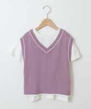 KJFJM20034 a.v.v KIDS(アー・ヴェ・ヴェ) [100-130]【2点SET】Tシャツ&配色ニットベストセット ラベンダー