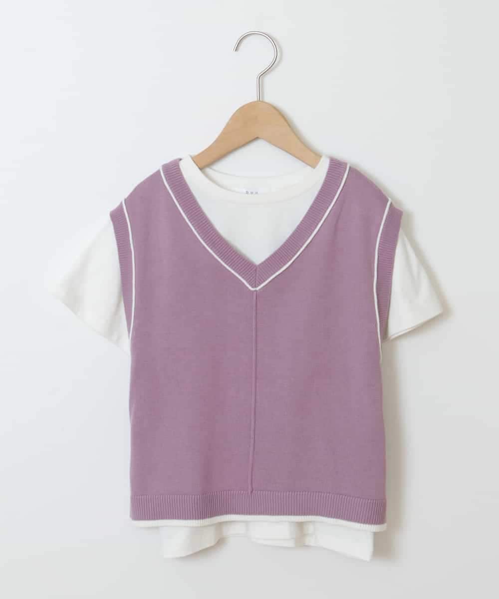 KJFJM20034 a.v.v KIDS(アー・ヴェ・ヴェ) [100-130]【2点SET】Tシャツ&配色ニットベストセット ラベンダー
