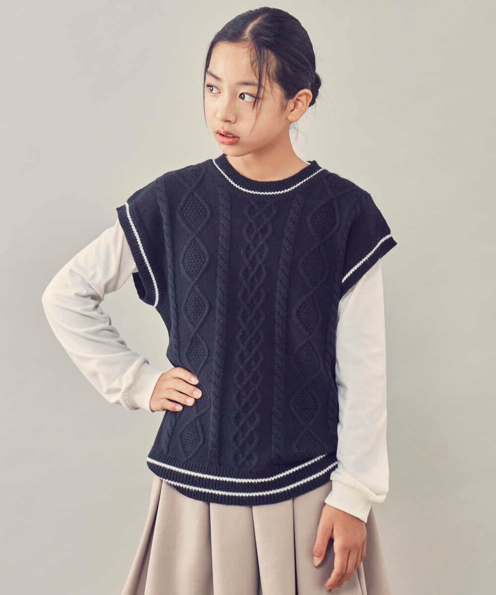 KJFKP40039 a.v.v KIDS(アー・ヴェ・ヴェ) [100-130]【2点セット】ケーブル編みニットベストセット グリーン