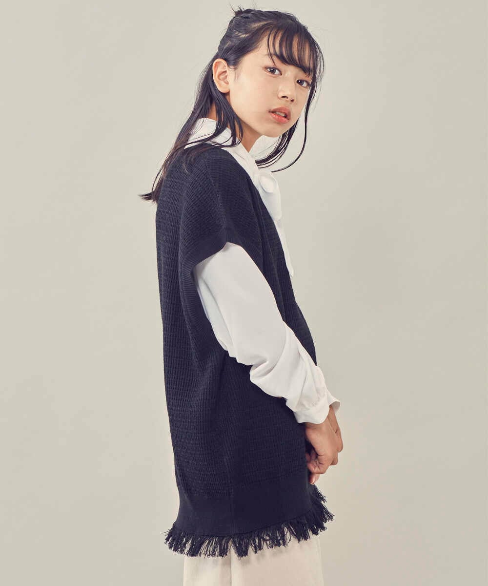 KJFKP42039 a.v.v KIDS(アー・ヴェ・ヴェ) [150-160]裾フリンジツィーディーニットベスト ブラック